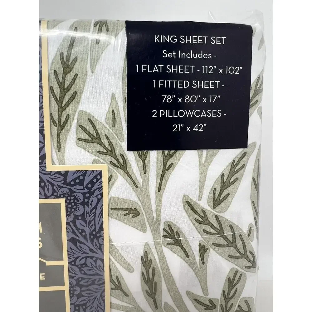 William Morris Original Willow Artichoke Green KING Cotton Percale Sheet Set NIP